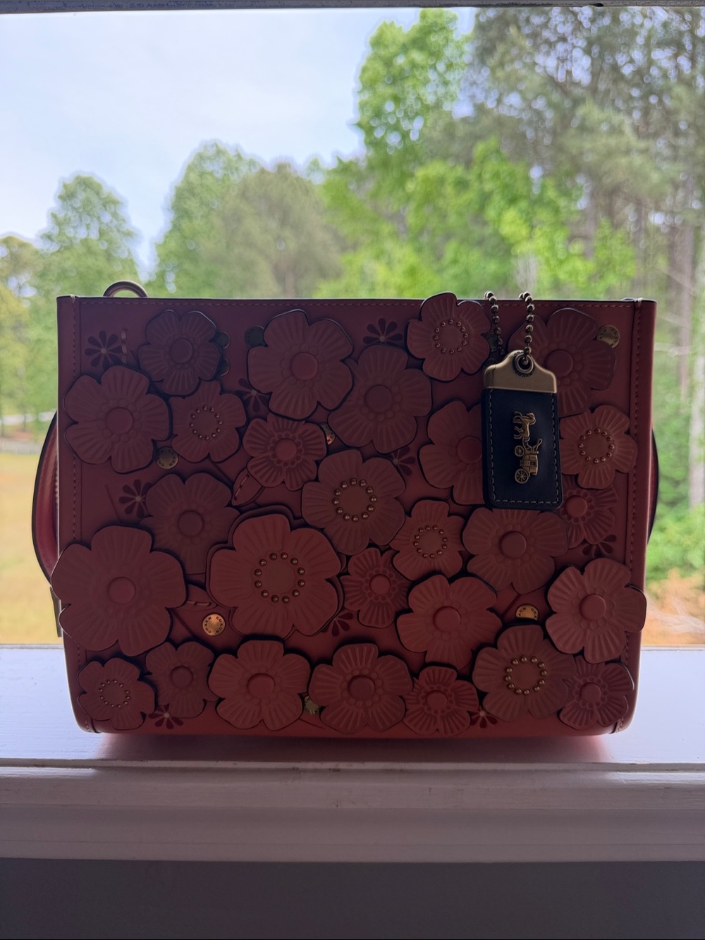 Coach ROGUE 25 Floral Appliqué Leather - Coral Pink with Gold Hardware